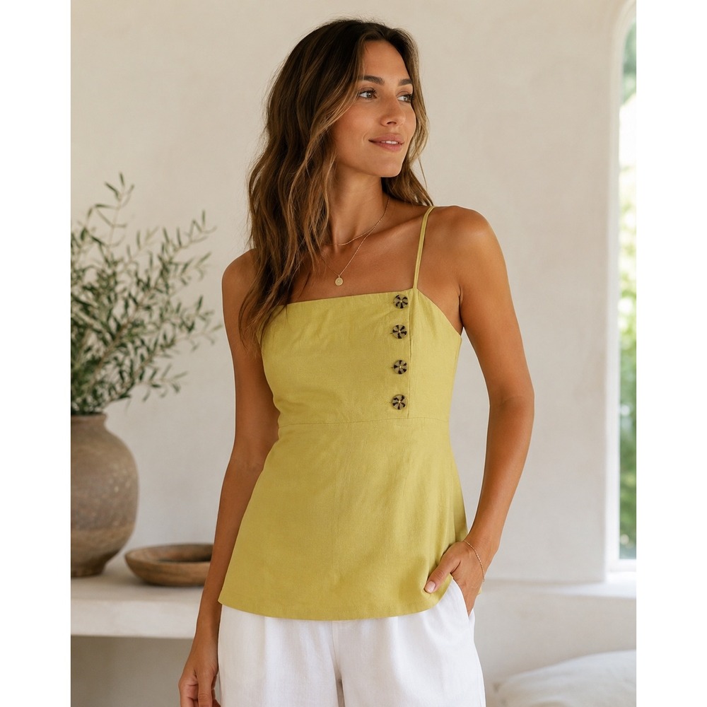 Honey Belle Cami Top Women Large Yellow Excellent Cotton Linen Side Button Boho